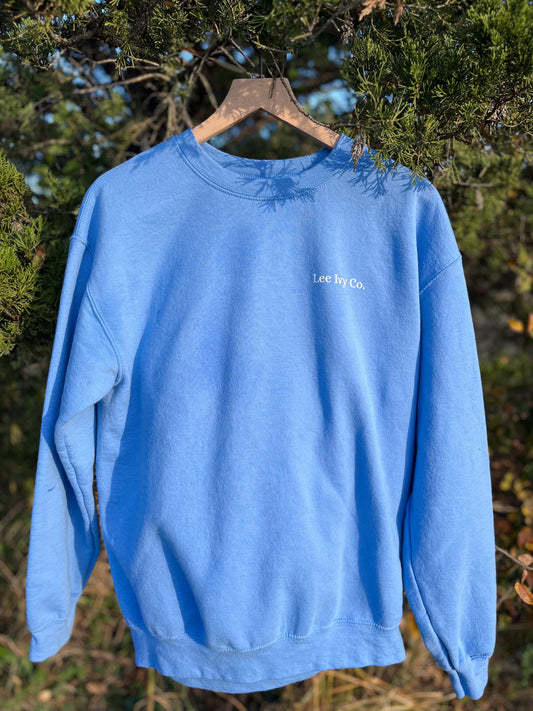 Blue sweatshirt with 'Lee by Co.' logo on a hanger against a natural background