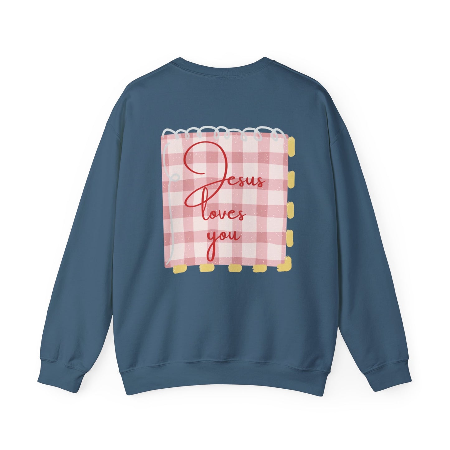 Blue sweatshirt with 'Jesus loves you' text on a white background