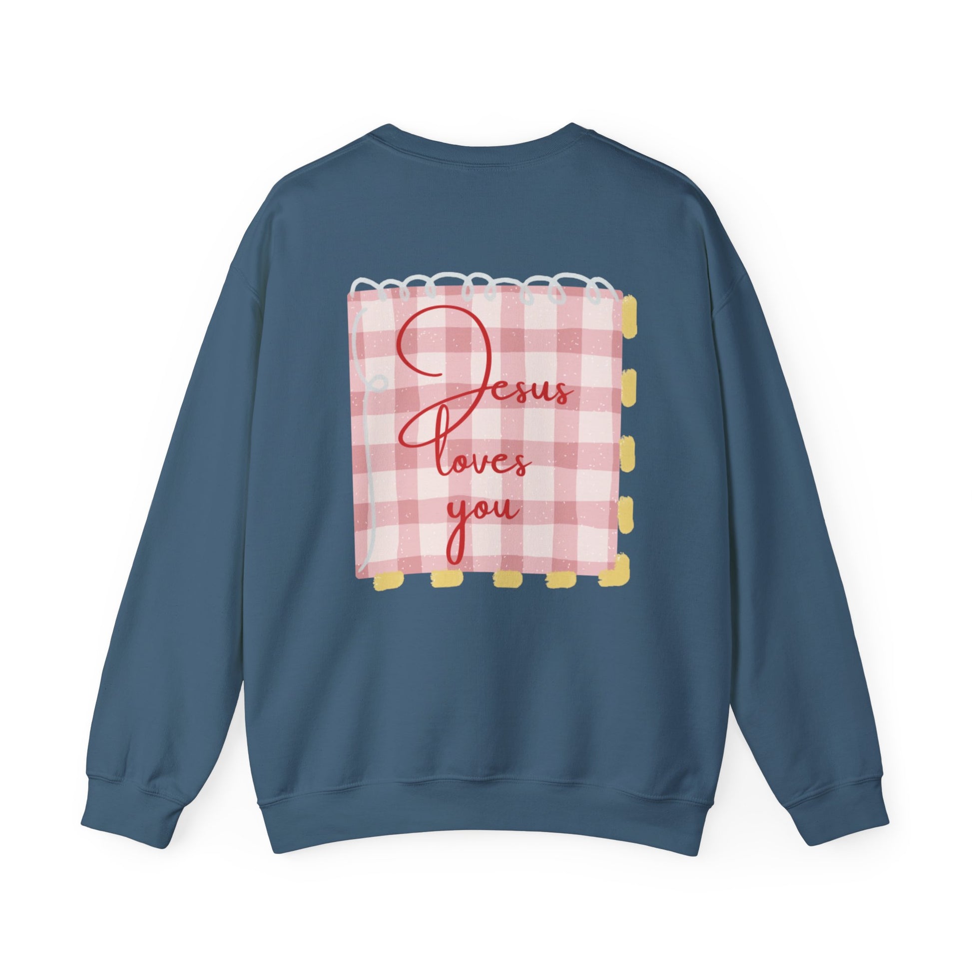 Blue sweatshirt with 'Jesus loves you' text on a white background