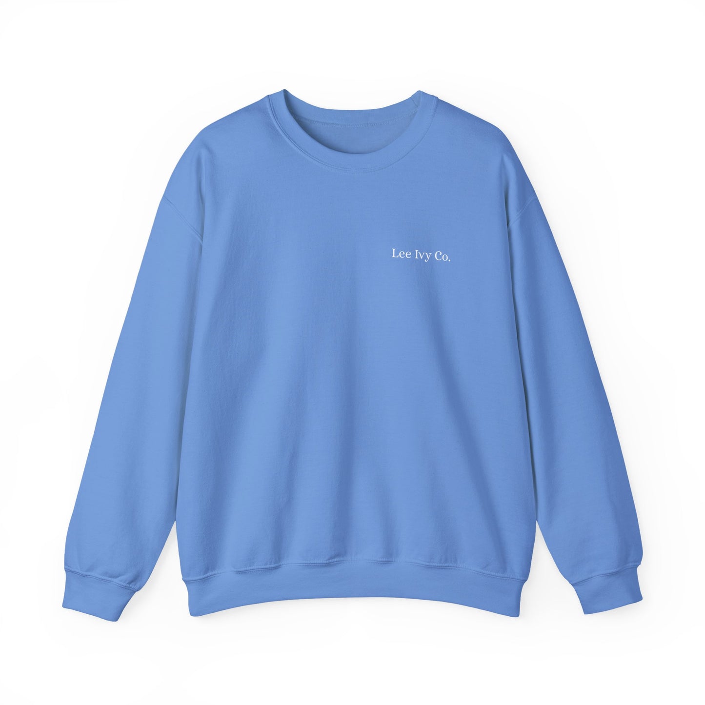 Blue sweatshirt with 'Lee Ivy Co.' text on a white background