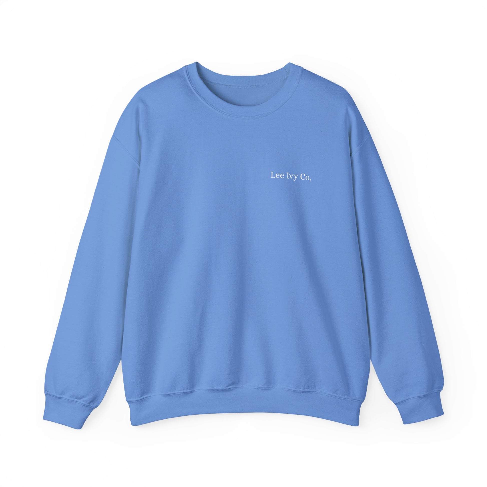 Blue sweatshirt with 'Lee Ivy Co.' text on a white background