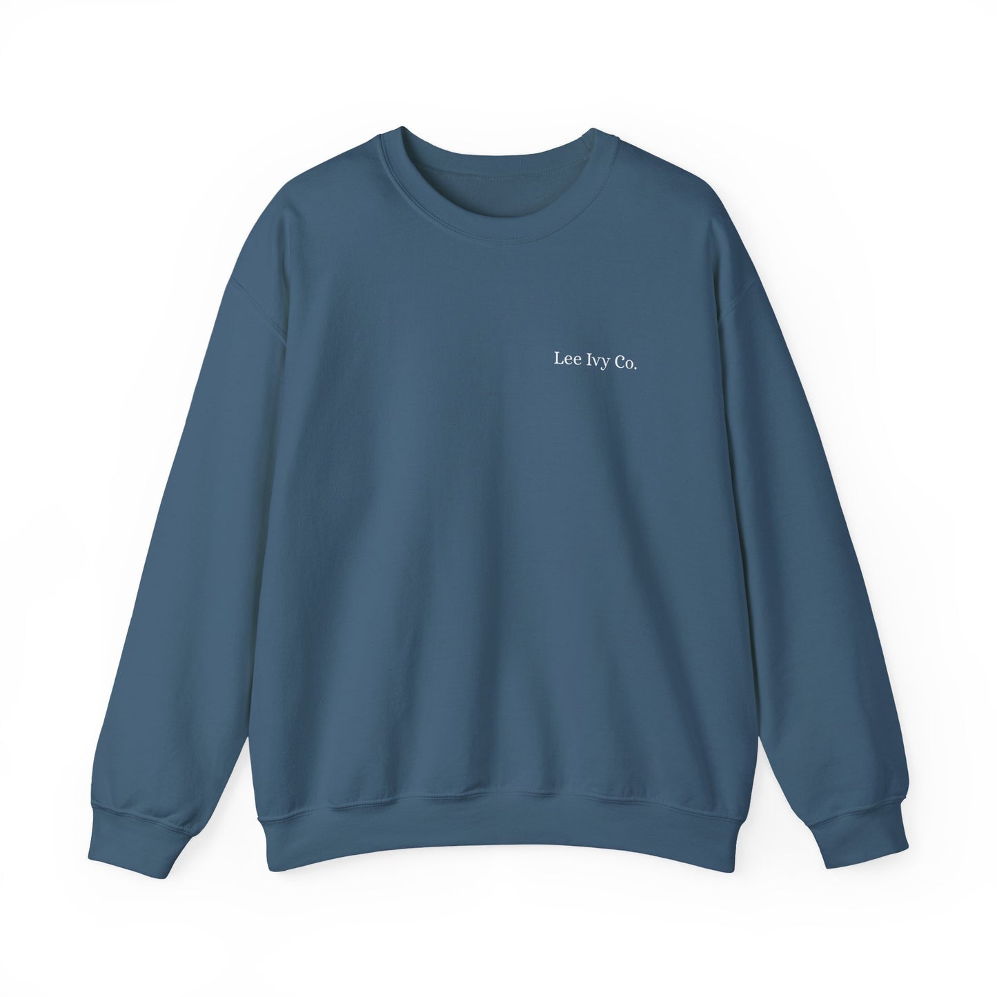 Blue sweatshirt with 'Lee Ivy Co.' text on a white background