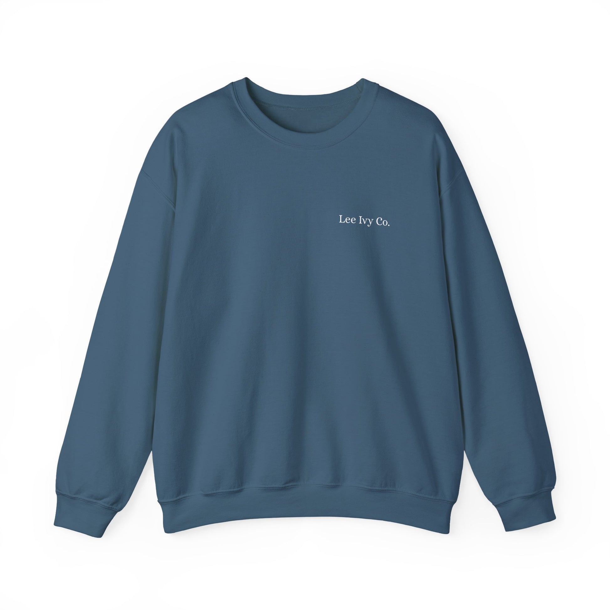 Blue sweatshirt with 'Lee Ivy Co.' text on a white background