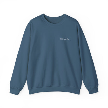 Blue sweatshirt with 'Lee Ivy Co.' text on a white background